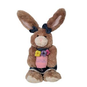 build a bear BAB fuzzy rabbit with flower pot and flower denim jumper and bows